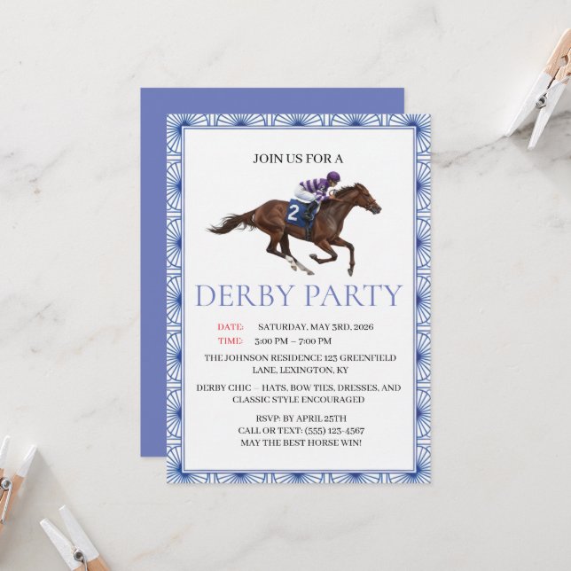 Blue Chinoiserie Horse Race Derby Party Invite Inbjudningar (Fram/Back In Situ)