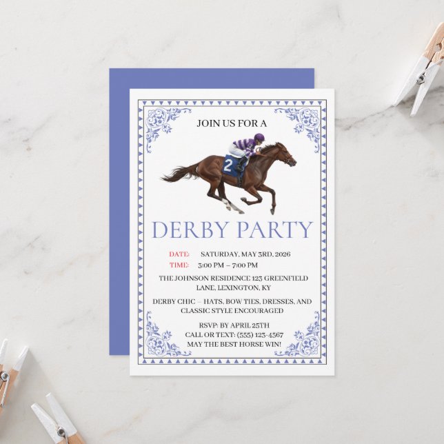 Blue Chinoiserie Horse Race Derby Party Invite Inbjudningar (Fram/Back In Situ)