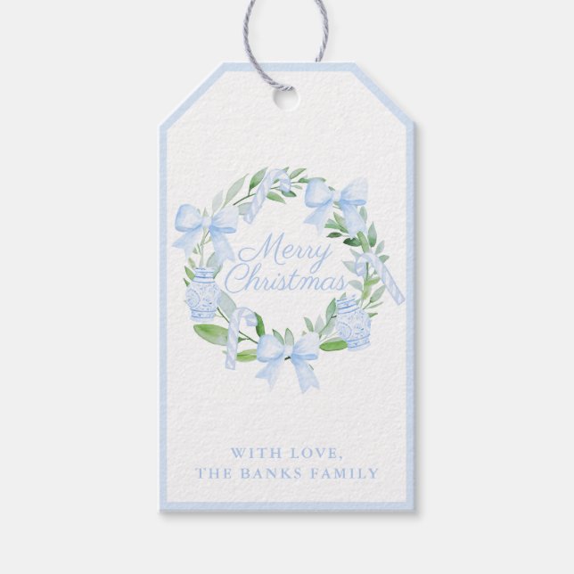 Blue Chinoiserie jul Wandeinger Ginger Burk Bows Presentetikett (Framsidan)