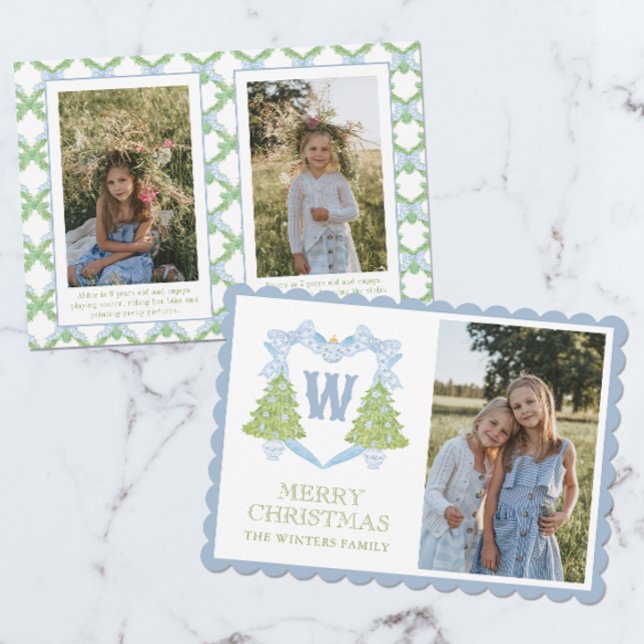 Blue Chinoiserie Julgran Monogram Vapensköld Julkort (Skapare uppladdad)