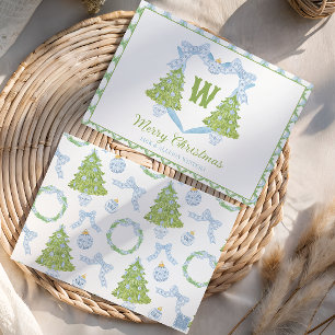 Blue Chinoiserie Julgran Monogram Vapensköld Julkort