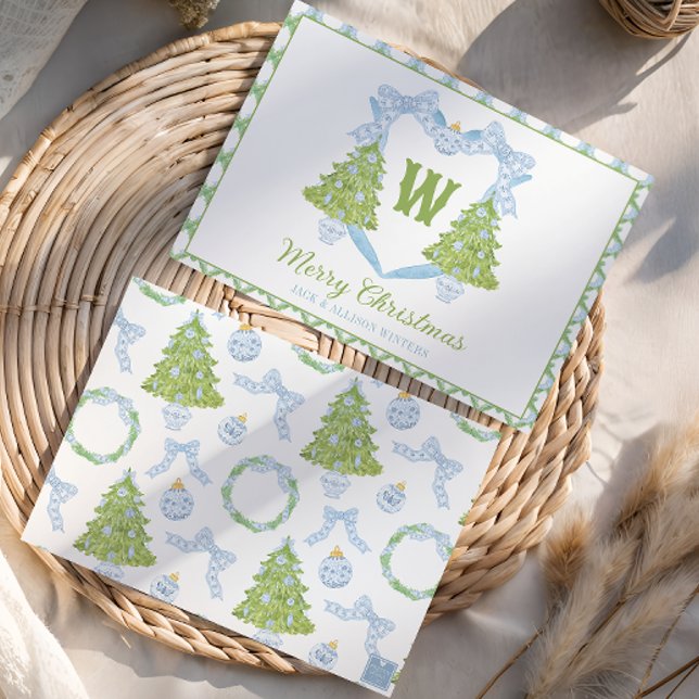 Blue Chinoiserie Julgran Monogram Vapensköld Julkort (Skapare uppladdad)