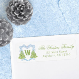 Blue Chinoiserie Julgran Monogram Vapensköld Returadress Etikett