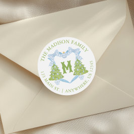 Blue Chinoiserie Julgran Monogram Vapensköld Runt Klistermärke