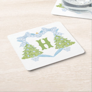 Blue Chinoiserie Julgran Monogram Vapensköld Underlägg Papper Kvadrat