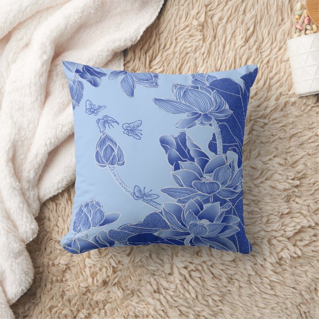 Blue Chinoiserie Lotus Mandala Bloom Caption Kudde (Filt)