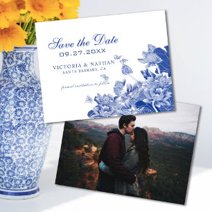 Blue Chinoiserie med Photo Bröllop spara datum