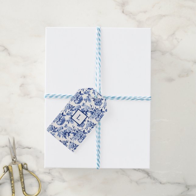 Blue Chinoiserie Monogram  Presentetikett (With Twine)