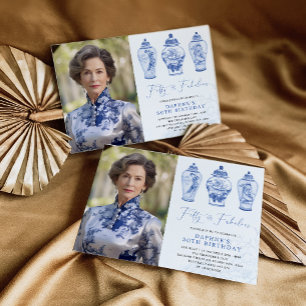 Blue Chinoiserie Porcelain 50:e födelsedagsfoto Inbjudningar