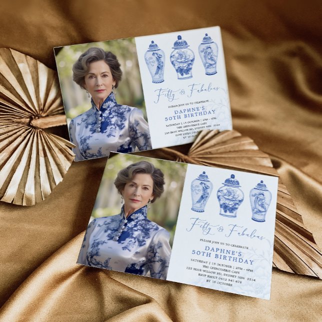 Blue Chinoiserie Porcelain 50:e födelsedagsfoto Inbjudningar (Skapare uppladdad)