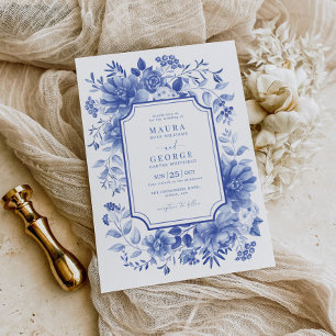 Blue Chinoiserie Porcelain Botanical Peony Bröllop Inbjudningar