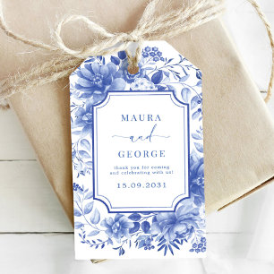 Blue Chinoiserie Porcelain Botanical Peony Bröllop Presentetikett