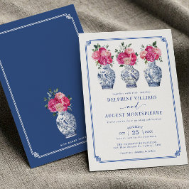 Blue Chinoiserie Porcelain Rosa Peonies Bröllop Inbjudningar