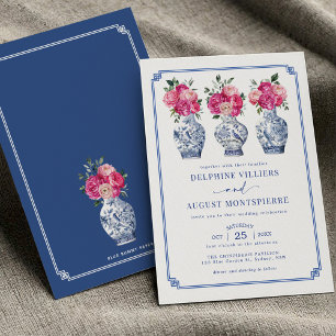 Blue Chinoiserie Porcelain Rosa Peonies Bröllop Inbjudningar