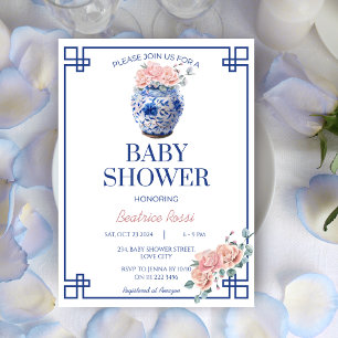 Blue Chinoiserie Preppy Ginger Burk Baby Shower Inbjudningar