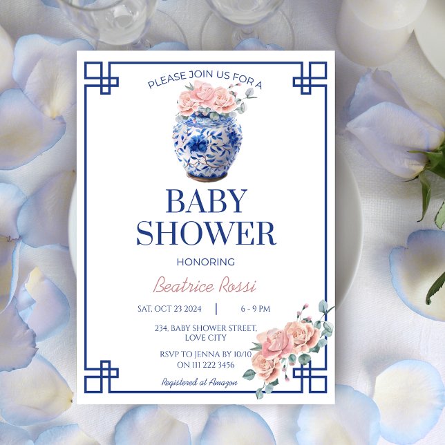 Blue Chinoiserie Preppy Ginger Burk Baby Shower Inbjudningar (Blue Chinoiserie Preppy Ginger Jar Baby Shower Invitation)