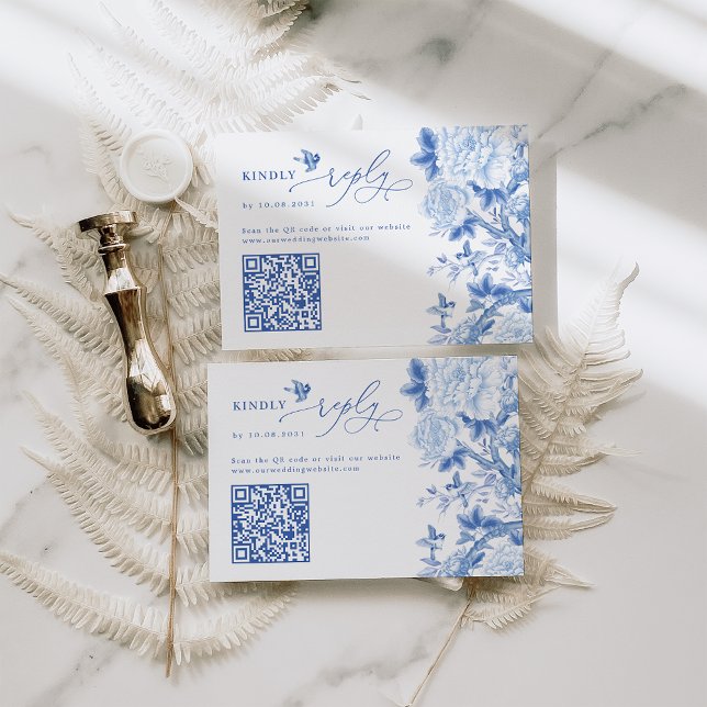 Blue Chinoiserie QR Code Bröllop OSA på webbplats Kort (Skapare uppladdad)