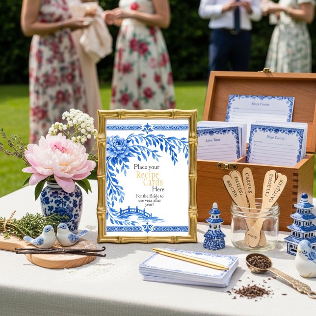 Blue Chinoiserie Recipe Cards Here Sign Inbjudningar (Blue Chinoiserie Recipe Cards Here Sign)
