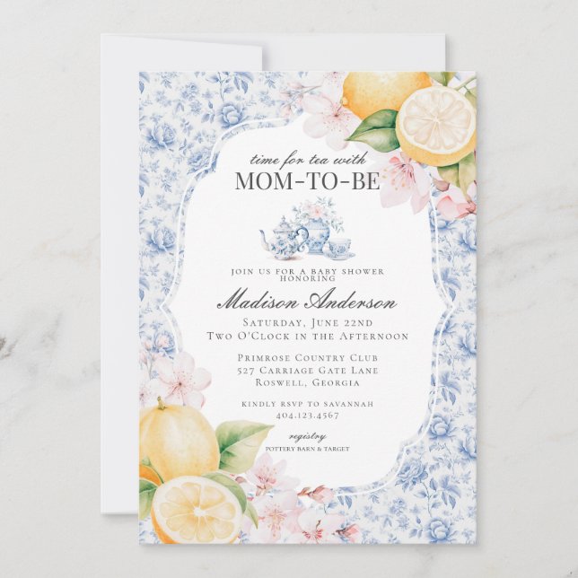 Blue Chinoiserie Tea Party Baby Shower Inbjudningar (Framsida)