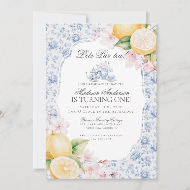 Blue Chinoiserie Tea Party Birthday Toile Inbjudningar (Framsida)