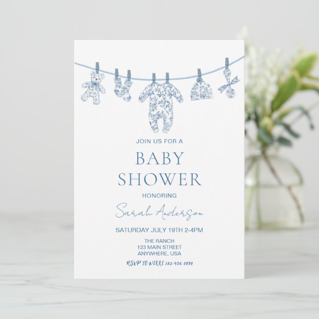 Blue Chinoiserie Toile barnkläders Baby Shower Inbjudningar (Stående Fram)
