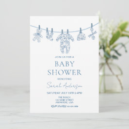 Blue Chinoiserie Toile barnkläders Baby Shower Inbjudningar