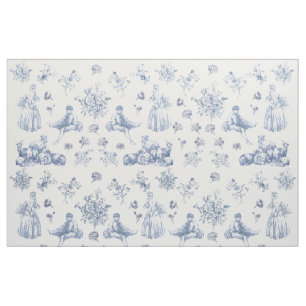 Blue Chinoiserie Toile Blommigt Pastoral Fransk Tyg