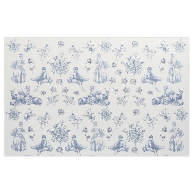 Blue Chinoiserie Toile Blommigt Pastoral Fransk Tyg (Yard)