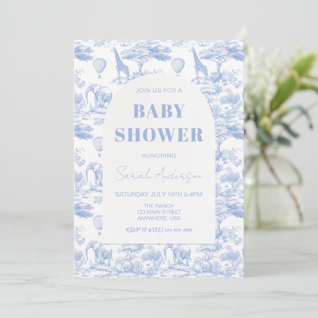 Blue Chinoiserie Toile de Jouy Baby Shower Inbjudningar (Stående Fram)