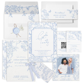 Blue Chinoiserie Toile de Jouy Bröllop Inbjudningar