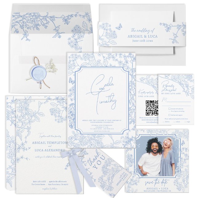 Blue Chinoiserie Toile de Jouy Bröllop Inbjudningar (Skapare uppladdad)