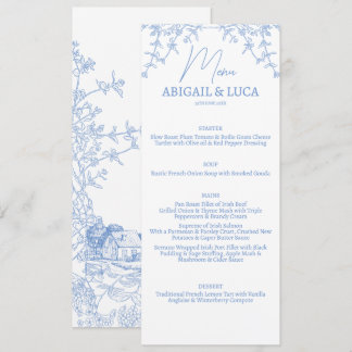 Blue Chinoiserie Toile de Jouy Bröllop Meny