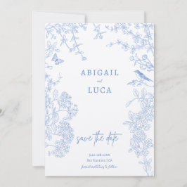 Blue Chinoiserie Toile de Jouy Bröllop Spara Datum Inbjudningar