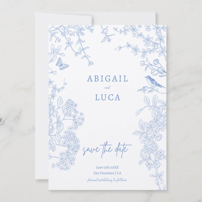 Blue Chinoiserie Toile de Jouy Bröllop Spara Datum Inbjudningar (Framsida)