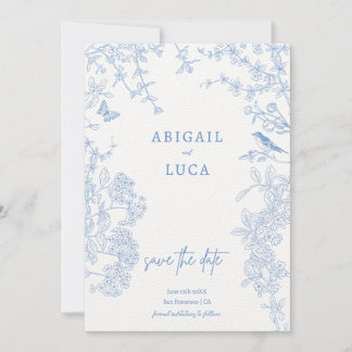 Blue Chinoiserie Toile de Jouy Bröllop Spara Datum Inbjudningar