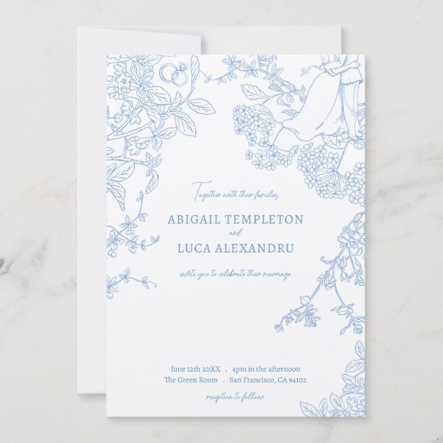 Blue Chinoiserie Toile de Jouy bröllopsinbjudan Inbjudningar (Framsida)