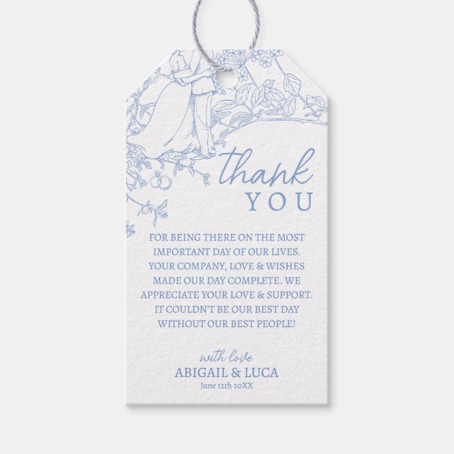 Blue Chinoiserie Toile de Jouy Bröllopsprogram Presentetikett (Framsidan)