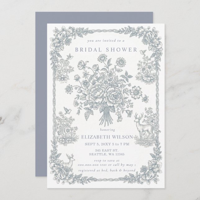 Blue Chinoiserie Toile Floral Bridal Shower Inbjudningar (Fram/baksida)