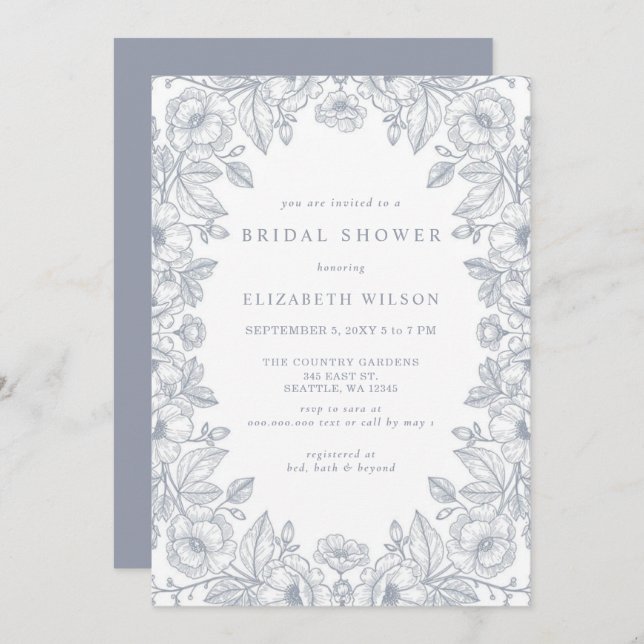 Blue Chinoiserie Toile Floral Bridal Shower Inbjudningar (Fram/baksida)