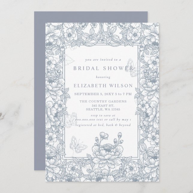 Blue Chinoiserie Toile Floral Bridal Shower Inbjudningar (Fram/baksida)