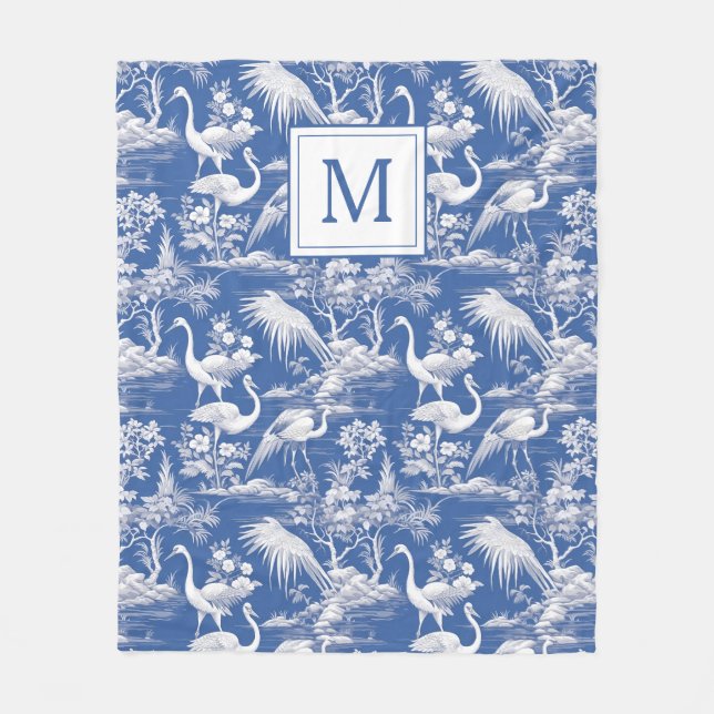 Blue Chinoiserie Toile Mönster Monogram Fleecefilt (Framsidan)