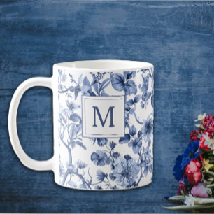 Blue Chinoiserie Toile Mönster Monogram Kaffemugg