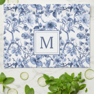 Blue Chinoiserie Toile Mönster Monogram Kökshandduk