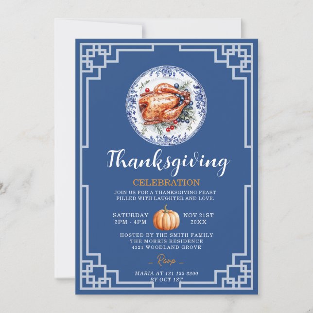 Blue Chinoiserie Turkey Thanksgiving Firande Inbjudningar (Framsida)
