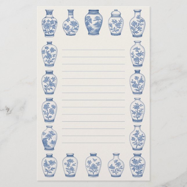 Blue Chinoiserie Vase Stationery – Elegant Lined  Brevpapper (Framsida)