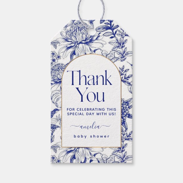 Blue Chinoiserie Victorian Blommigt babydusch Presentetikett (Framsidan)