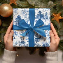 Blue Chinoiserie Village Christmas Wrapping Paper