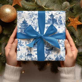 Blue Chinoiserie Village Christmas Wrapping Paper Presentpapper