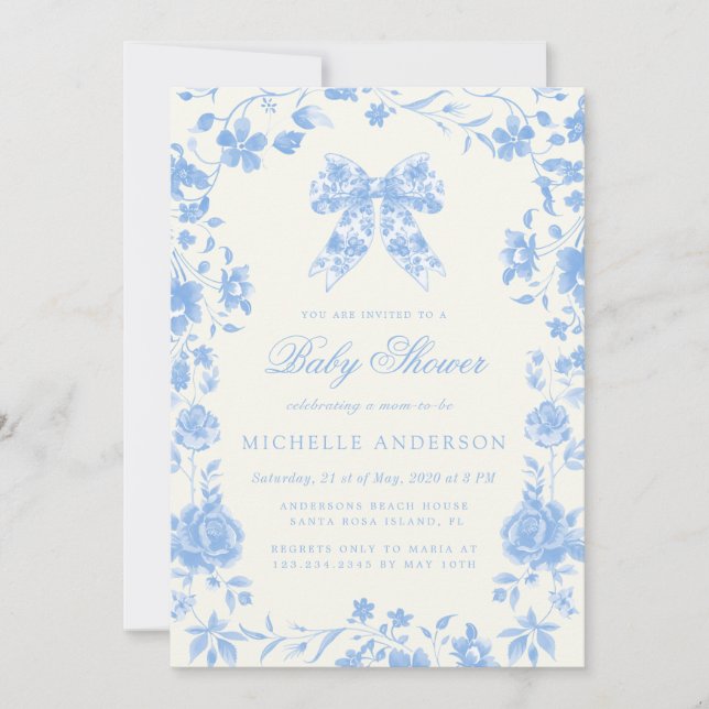 Blue Chinoiserie Vintage Blommigt BabyShower Inbjudningar (Framsida)