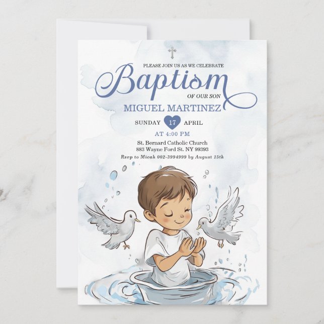 Blue Christening Dove Cute Boy Praying Baptism Inbjudningar (Framsida)